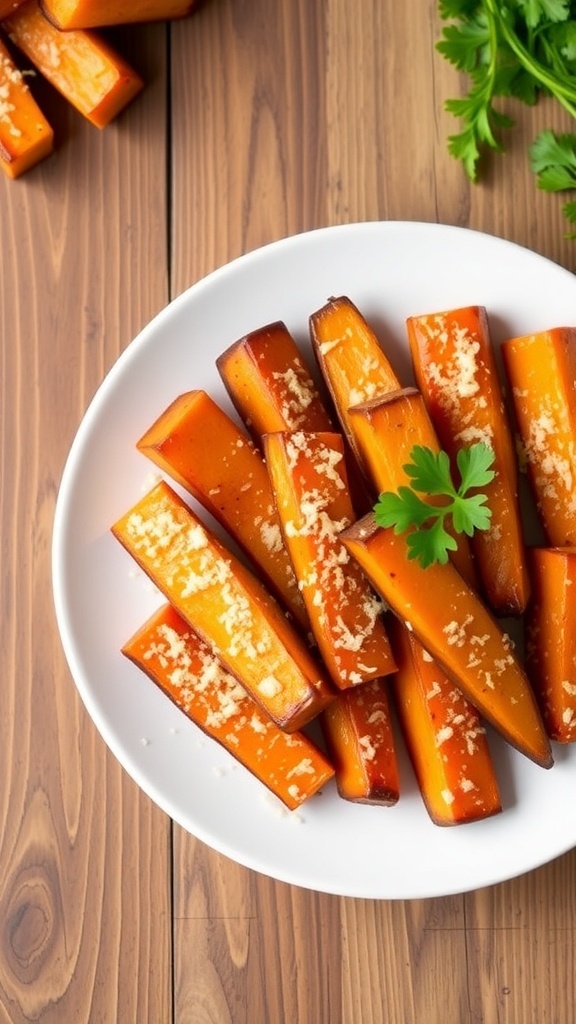 Golden-brown Parmesan roasted yams on a plate, garnished with parsley.